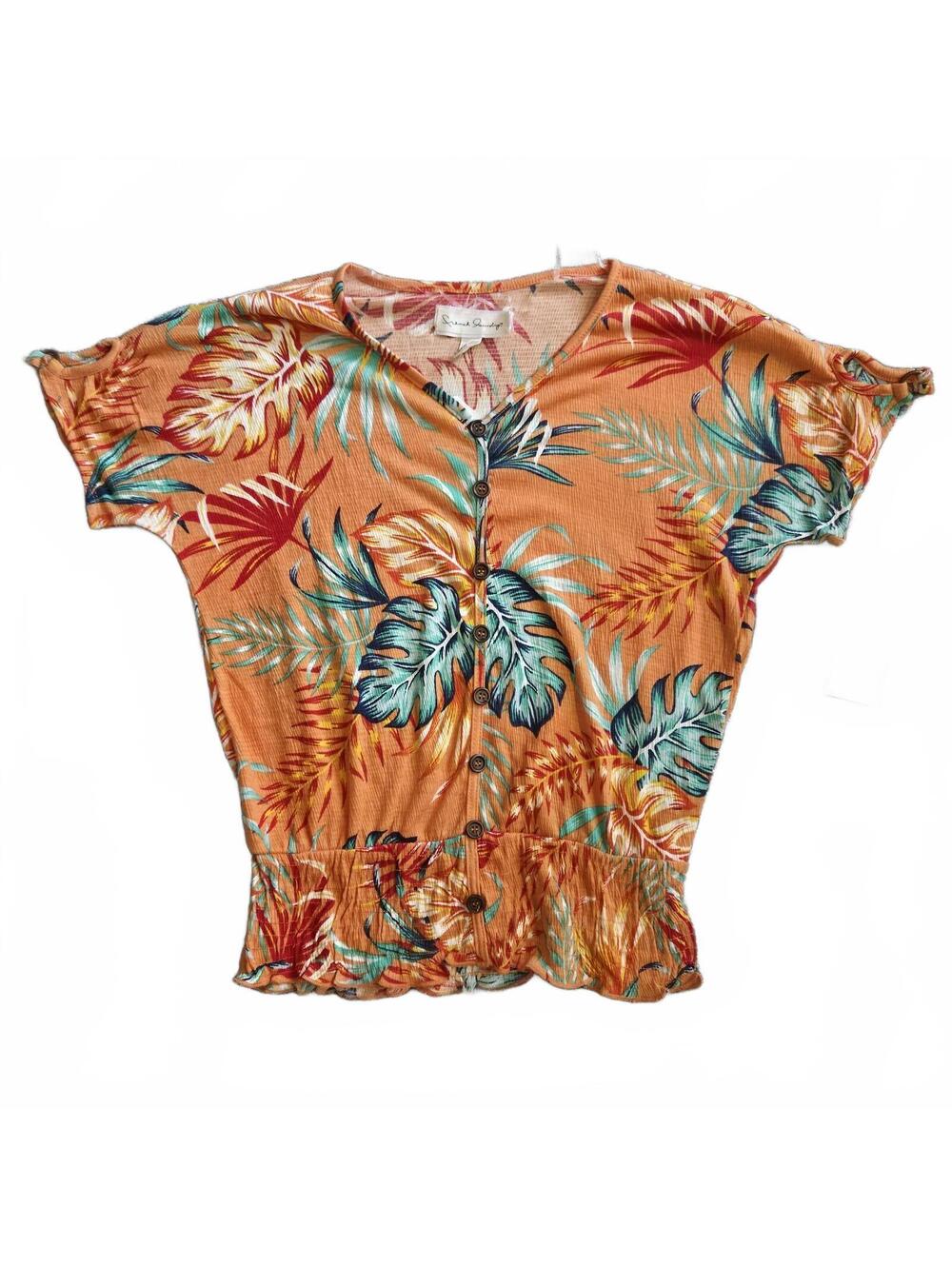 French Laundry Tropical Floral Button Front Peplum Top Size S